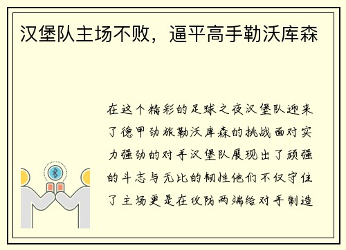 汉堡队主场不败，逼平高手勒沃库森